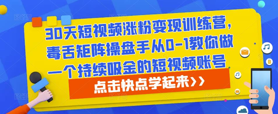 30天短视频涨粉变现训练营，毒舌矩阵操盘手从0-1教你做一个持续吸金的短视频账号 - 网赚资源网-网赚资源网