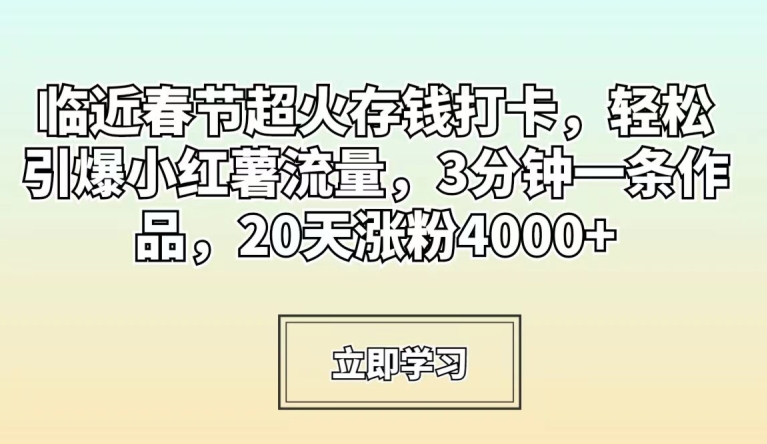 临近春节超火存钱打卡，轻松引爆小红薯流量，3分钟一条作品，20天涨粉4000+【揭秘】 - 网赚资源网-网赚资源网