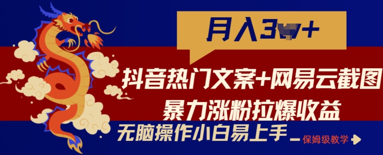 抖音热门文案+网易云截图暴力涨粉拉爆收益玩法，小白无脑操作，简单易上手【揭秘】 - 网赚资源网-网赚资源网