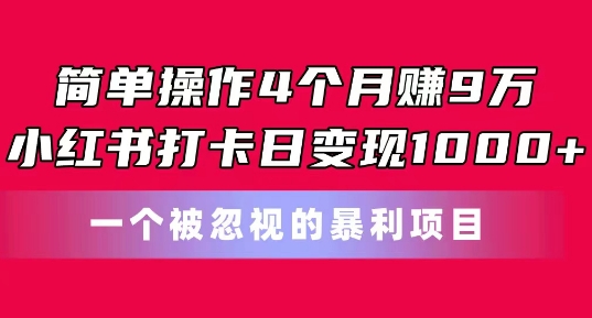 简单操作4个月赚9w，小红书打卡日变现1k，一个被忽视的暴力项目【揭秘】 - 网赚资源网-网赚资源网