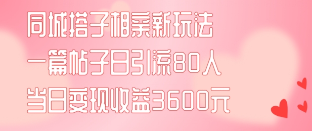 同城搭子相亲新玩法一篇帖子引流80人当日变现3600元(项目教程+实操教程)【揭秘】 - 网赚资源网-网赚资源网