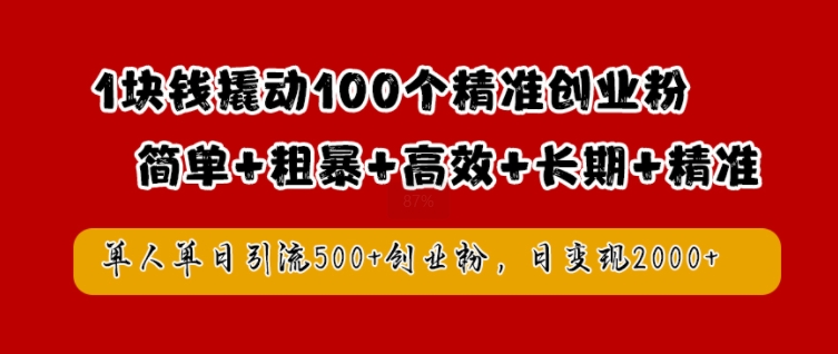 1块钱撬动100个精准创业粉，简单粗暴高效长期精准，单人单日引流500+创业粉，日变现2k【揭秘】 - 网赚资源网-网赚资源网