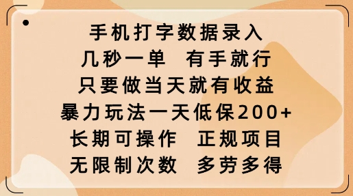 手机打字数据录入，几秒一单，有手就行，只要做当天就有收益，暴力玩法一天低保2张 - 网赚资源网-网赚资源网